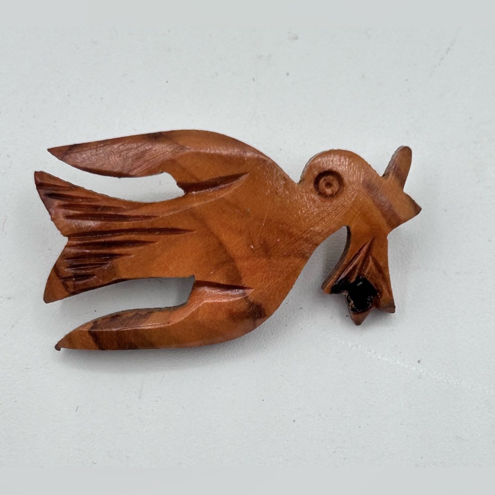 Olive Wood Peace Dove Pin Brooch Brown Holding Branch